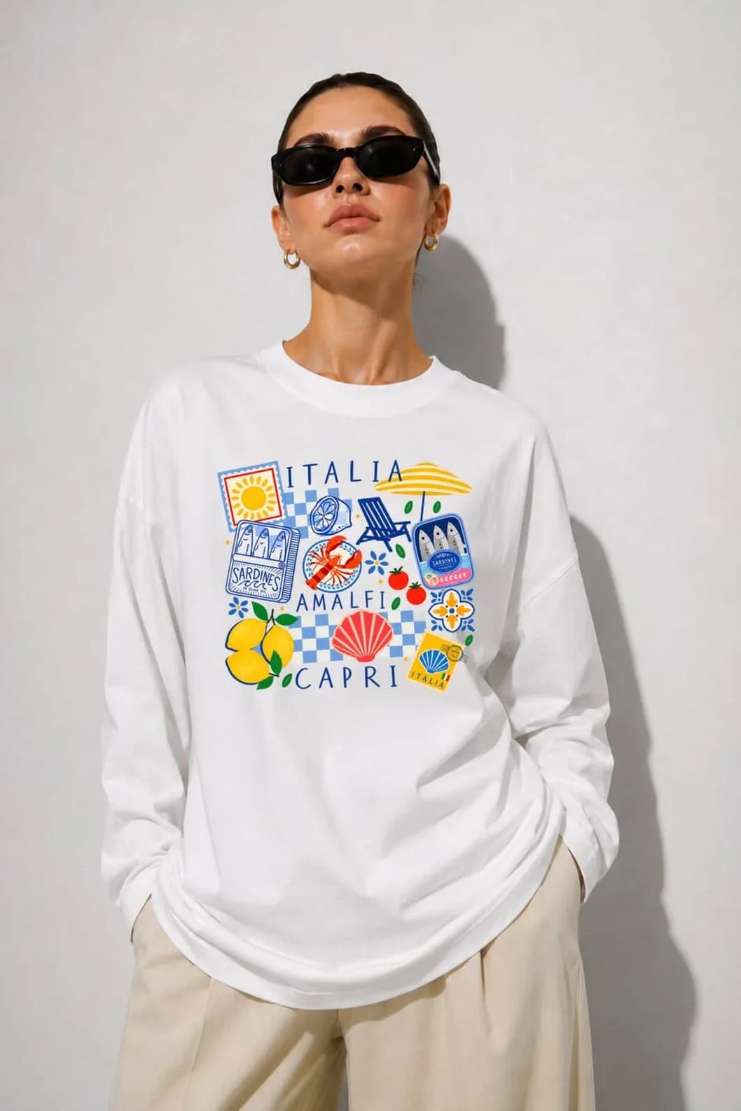 Beyaz Summer Baskılı Tesettüre Uygun Uzun Kollu T-Shirt
