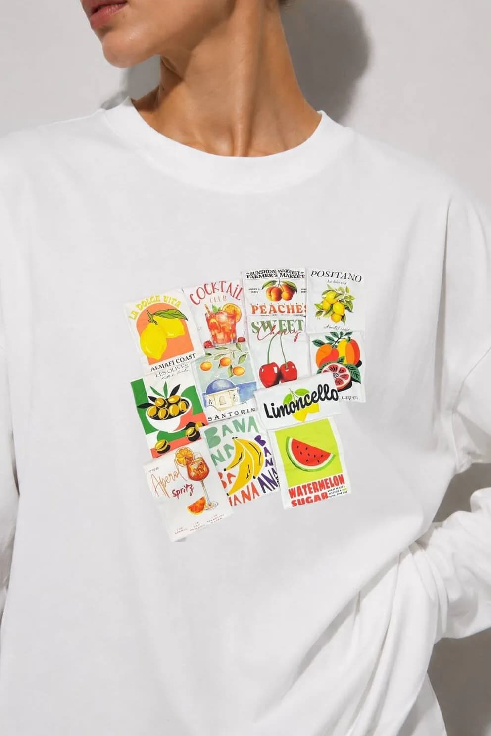 Beyaz Amalfi Dolce Vita Baskılı Tesettüre Uygun Uzun Kollu T-Shirt — Beyaz — görsel 3